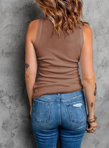 Vista 2 de Dokotoo - Camiseta ajustada sin mangas para mujer, tirantes anchos, escote bajo, con ribetes, deportiva, para entrenamiento