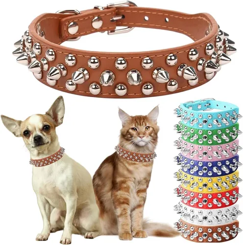 Vista 6 de Collar de perro con pinchos para perros pequeños, collares de cachorro macho con pinchos de cuero PU con remaches de hongos, collares tachonados
