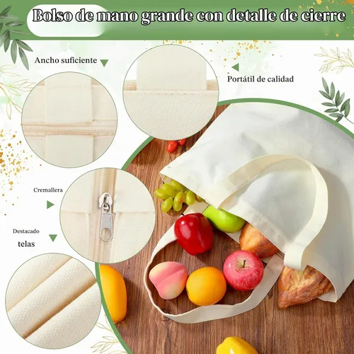 Vista 3 de Bolsas de lona de Silkfly, bolsas de tela de algodón en blanco a granel con asas con cremallera, bolsas reutilizables de diseño simple para Beige