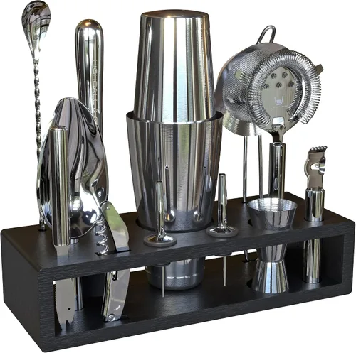 Vista 11 de Kit de bartender Highball & Chaser con soporte de bambú negro, hermoso juego de coctelera, juego y herramientas para barra, agitador Boston de acero