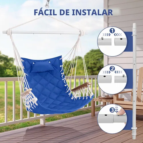 Vista 6 de Silla Hamaca Columpio Colgante con Reposabrazos de Madera; Barra Separadora de Acero, Almohadas, Kit de Herrajes Incluido; Tejido de Algodón; Hasta