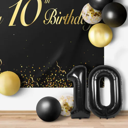 Vista 6 de Globos de Feliz 10 Cumpleaños Negros Set Decor - Saludos a la Fiesta de 10 Años de Edad, Guirnalda, Bandera, Telón de Fondo, Decoraciones