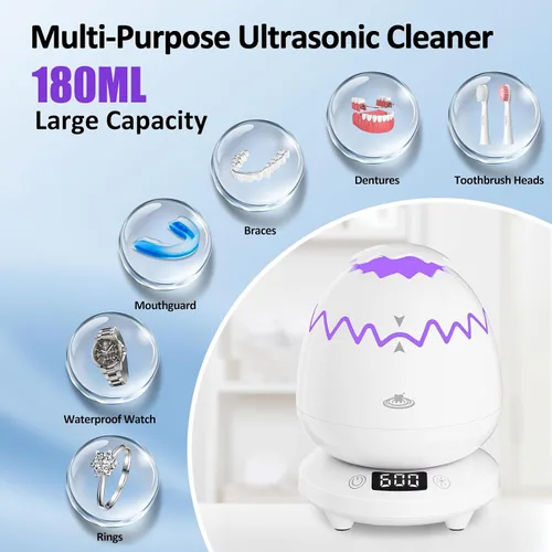 Vista 6 de Limpiador ultrasónico de retenedores para dentaduras, cápsula de limpieza dental con temporizador digital, 45 kHz/6.1 fl oz, limpiadores