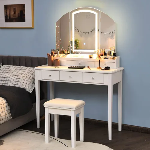Vista 12 de CHARMAID Escritorio de tocador con luces – Mesa de tocador de maquillaje con espejo de tres pliegues, 10 luces LED Hollywood ajustables, 4 cajones