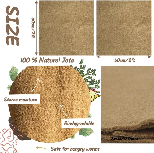 Vista 2 de Manta de gusano de 2 piezas, fibra de yute de 2 x 2 pies para contenedor de abono y granja de gusanos, mantiene los gusanos oscuros, húmedos