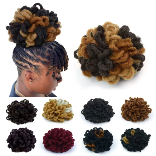 Vista 12 de Moños de Cola de Caballo con Cordón Negro Marrón Loc para Mujeres Negras Moño Rizado de Pétalo Loc Cola de Caballo de Rastas Trenzas Faux Locs Moño