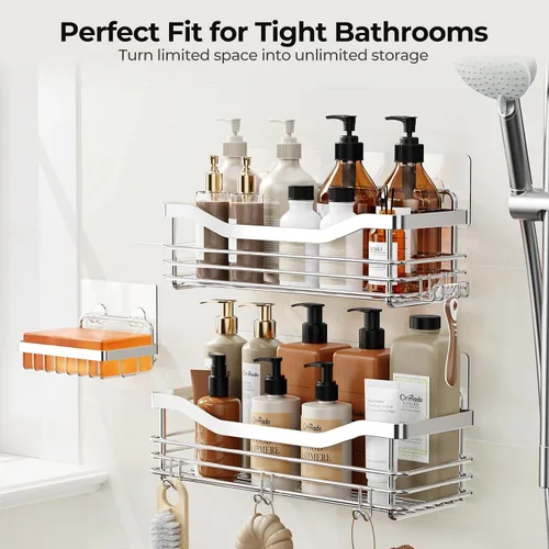 Vista 4 de Orimade Cesta de ducha con 5 ganchos, organizador de baño, estante de almacenamiento de cocina, adhesivo montado en la pared, sin perforaciones