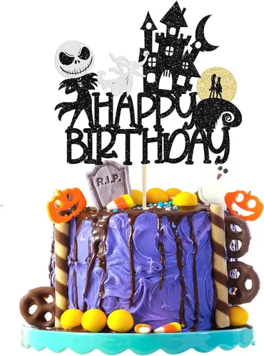 Vista 8 de 1 pieza de decoración de pastel de cumpleaños asesino ensamblada con purpurina de terror clásico de Halloween para tema de terror sangriento Negro