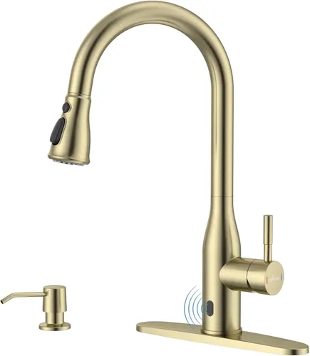 Vista 10 de APPASO Grifo de cocina dorado con dispensador de jabón, grifos de fregadero de acero inoxidable S304 de una sola manija con rociador desplegable