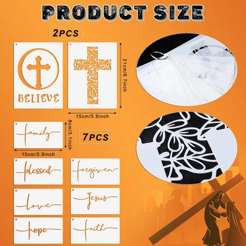 Vista 2 de Tinlade Juego de 9 plantillas de cruz cristianas, plantillas cristianas Believe Jesús Perdonado, Cruz Religiosa, Reutilizable, Plantilla de Pintura