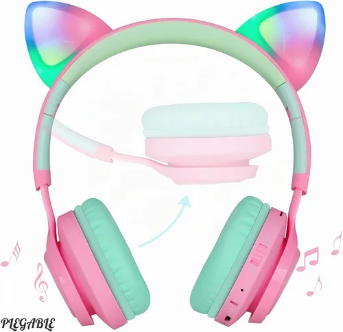Vista 2 de Riwbox CT-7 - Auriculares Bluetooth para niños, con luz LED, inalámbrico, con micrófono y control de volumen para viajes, escuela, teléfonos