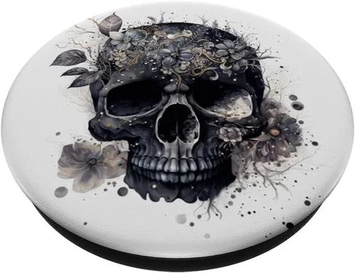 Vista 2 de Gráfico de calavera floral para mujer, cumpleaños, único, negro, calavera, PopSockets, PopGrip estándar