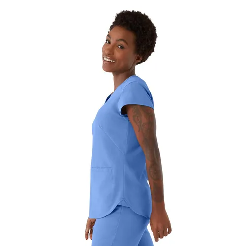 Vista 5 de ave. Camiseta médica Monroe con cuello en V y dos bolsillos para mujer, color azul Ceil, talla M