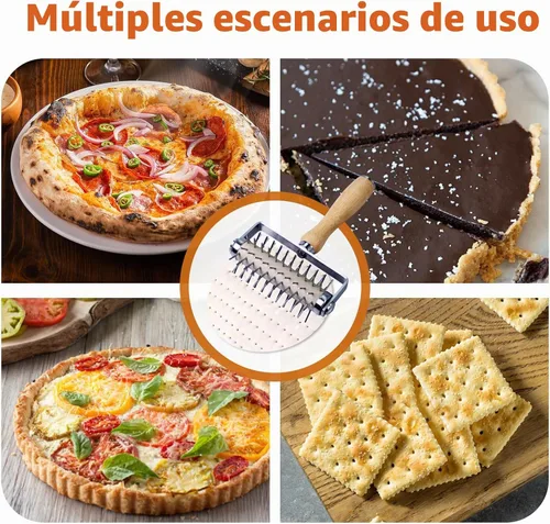 Vista 3 de Docker de pizza de acero inoxidable, Docker de masa de pizza con mango de madera, rodillo de pizza con púas, Docker de rodillo, perforador