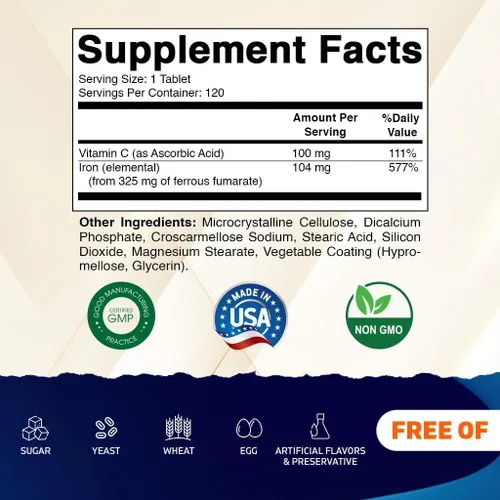 Vista 2 de Vitamatic Fumarato ferroso 325 mg + vitamina C 100 mg (104 mg de hierro elemental) – Suplemento de hierro de alta potencia – Suave para el estómago