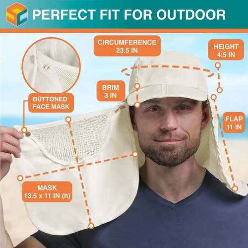 Vista 5 de SUN CUBE Sombrero de sol de pesca con solapa para el cuello y cubierta facial, UPF50+ gorra de protección UV de ala ancha para hombres y mujeres