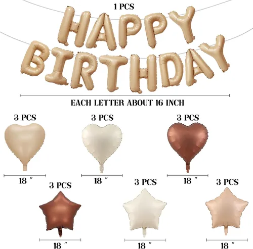 Vista 2 de Globos de papel de aluminio de feliz cumpleaños, globos neutros de color crema, caramelo, beige, marrón, globos de corazón para niñas y niños