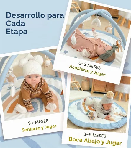 Vista 4 de Little Dove Tapete de gimnasio para bebé, tapete de actividad para el tiempo boca abajo con 7 juguetes desmontables y 12 tarjetas de hitos