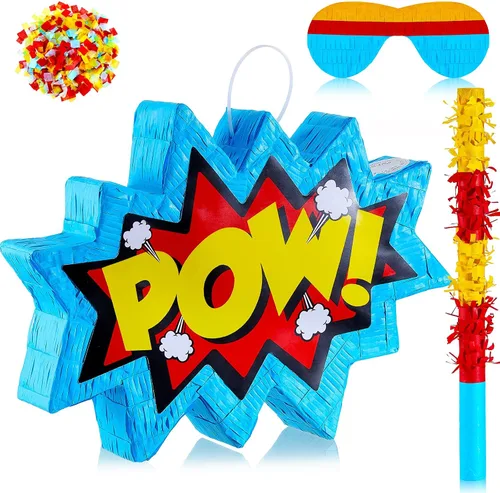 Vista 8 de Lewtemi Piñatas de excavadora para fiesta de cumpleaños con palo, venda para los ojos y confeti, suministros para fiesta de cumpleaños para adultos