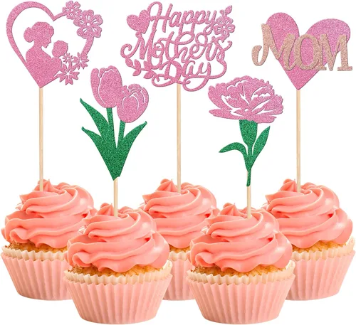 Vista 26 de Rsstarxi 1 paquete de decoración para pastel con flores de purpurina con doble corazón Love Mom Best Mom Best Mom Cake Pick Decoraciones para feliz