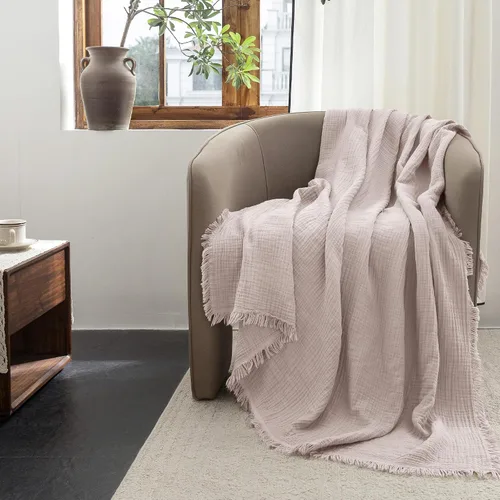 Vista 105 de FOSSA Manta de Muselina con Flecos - Gasa de Algodón 100% de 4 Capas Súper Suave y Transpirable - Manta Decorativa Ligera y Refrescante para Cama