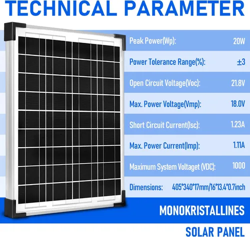 Vista 2 de Kit de Panel Solar 20W 12V Monocristalino, Mantenedor de Batería + Controlador de Carga Solar 10A + Cable de Extensión con Clips de Batería Terminal