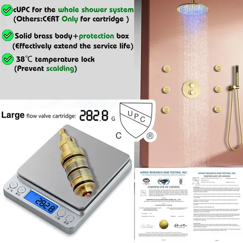 Vista 4 de Cabezal de ducha de lluvia de techo LED redondo de oro cepillado de 10 pulgadas, DULABRAHE termostático para baño, sistema de ducha de lluvia de Oro