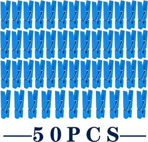 Vista 2 de Jdesun 50 pinzas de madera azules, mini pinzas de madera para colgar fotos, pinzas para ropa de lavandería, pinzas para colgar fotos, ropa