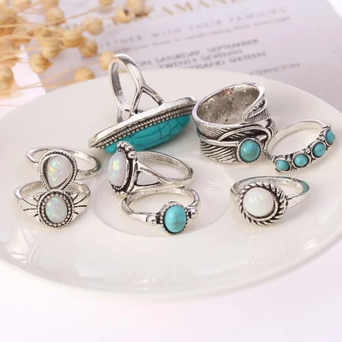 Vista 4 de Juego de anillos bohemios de turquesa para mujer, anillos apilables vintage para nudillos, anillos ovalados con piedras preciosas de piedra gruesa