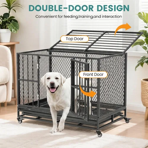 Vista 4 de Erinnyees Jaula para perros resistente de 37 pulgadas, perrera plegable para perros medianos y pequeños, jaula de metal con ruedas con bloqueo