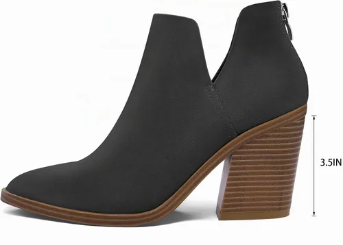 Vista 6 de mysoft Botines de tobillo para mujer sin cordones con recortes, puntera puntiaguda, tacón grueso apilado medio Negro (black Nubuck)