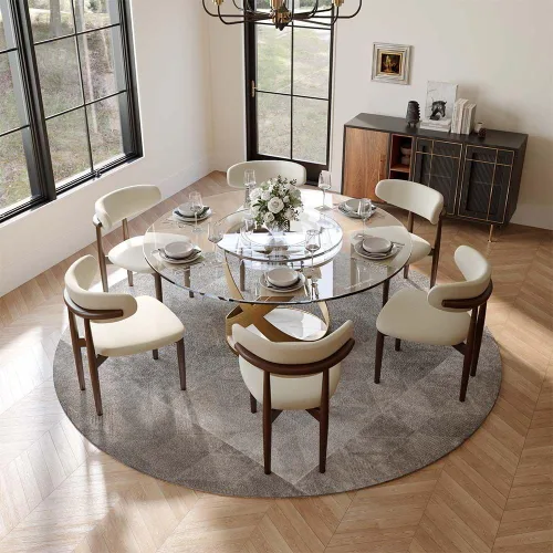 Vista 15 de POVISON Juego de 4 sillas de comedor redondas de lino y algodón con mesa de comedor de vidrio (mesa de comedor de 51 pulgadas + 4 sillas)