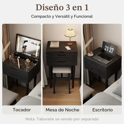 Vista 3 de Muwuele Escritorio pequeño de madera maciza con espejo y luces, tocador de maquillaje estrecho para espacios pequeños, mesa auxiliar de tocador