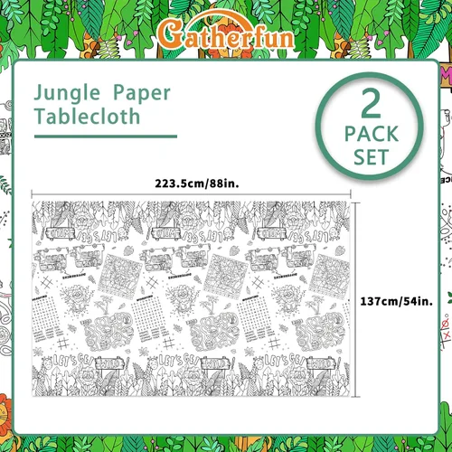 Vista 2 de Gatherfun Paquete de 2 manteles de papel para colorear con temática de selva de safari, cubierta de mesa de actividades interactiva para fiestas