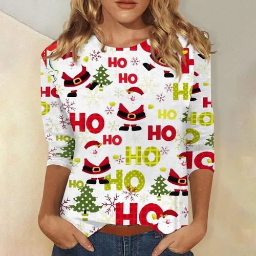 Vista 4 de Camisetas de Navidad más propensas a la moda, casual, cuello redondo, manga 34, holgada, con estampado navideño, para mujer
