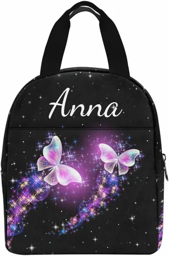 Vista 2 de InterestPrint Bolsa de almuerzo con nombre personalizado para hombres y mujeres, diseño de mariposa rosa y azul personalizada, caja de almuerzo