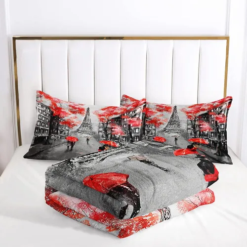 Vista 4 de Suncloris Paris - Juego de edredón Queen de la Torre Eiffel, fundas de almohada de hojas de arce para parejas (rojo, Queen)