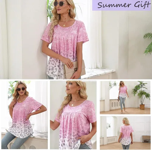 Vista 3 de Womens Summer Plus Size Tops Blouses Short Sleeve Shirts Lace Pleated Tunic Tops M-4XL