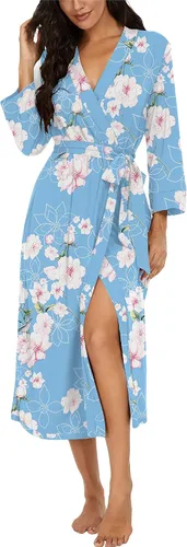 Vista 69 de VINTATRE Bata tipo kimono para mujer, bata larga de punto, ligera, suave, ropa de dormir con cuello en V, casual, ropa de descanso para mujer Verde