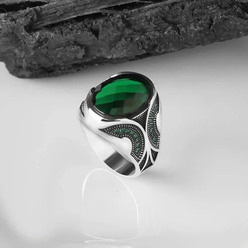 Vista 4 de Anillo de plata de ley 925 para hombre con piedra preciosa esmeralda, anillo de plata grabado hecho a mano, regalo para él, anillo de plata