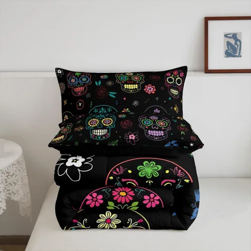 Vista 5 de Manfei Juego de edredón de calavera de azúcar para niños, juego de ropa de cama con temática de calaveras de Halloween, ropa de cama de estilo Azul