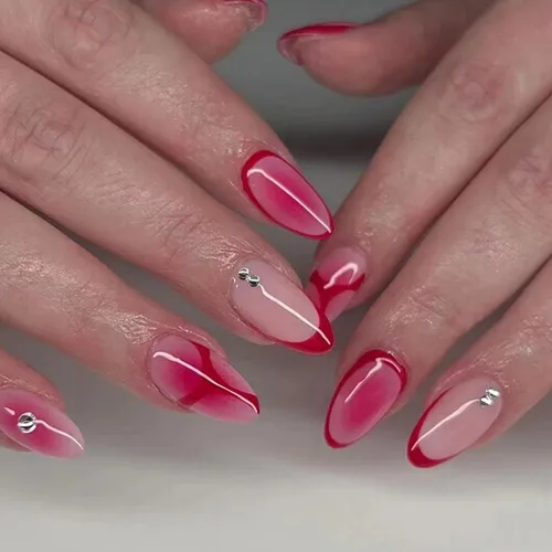 Vista 31 de Uñas postizas cortas en forma de almendra SWEKKE con punta francesa, uñas falsas con diseños de flores 3D en amarillo y rosa, uñas adhesivas