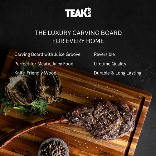 Vista 8 de Teakhaus Tabla de cortar – Tabla de cortar de madera pequeña (S) con ranura para jugo (14 pulgadas de largo x 10 pulgadas de ancho), ideas de regalo