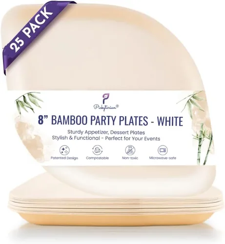 Vista 12 de Platos desechables de bambú marrón – Platos compostables de aperitivo de 8 pulgadas – Platos de postre de ensalada biodegradables resistentes