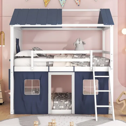 Vista 39 de Cama de Casa Tamaño Twin con Elegantes Ventanas y Estantería, Marco de Litera con Diseño de Castillo de Madera con Barandillas de Seguridad