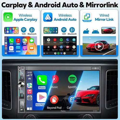 Vista 2 de Estéreo de auto de doble DIN de 7 pulgadas con Apple CarPlay inalámbrico y Android Auto, pantalla táctil QLED, Bluetooth, cámara de respaldo, audio