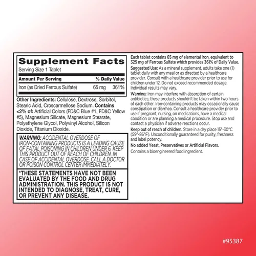 Vista 2 de Quality Choice Hierro 65 mg (325 mg de sulfato ferroso) Tabletas de suplemento de hierro de alta potencia en botellas de 100 unidades (paquete de 5)