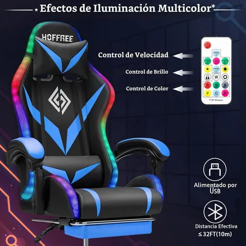 Vista 5 de Silla RGB para videojuegos con masaje y luces LED, ergonómicas, con reposapiés, respaldo alto, silla reclinable para computadora con soporte lumbar