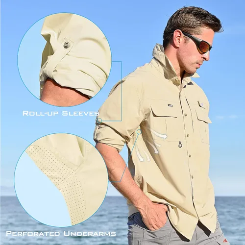 Vista 4 de KastKing ReKon Mens Fishing Shirts Smart Design UPF 50 Quick-Dry Breathable Roll-Up Long Sleeve Button-Down Shirts