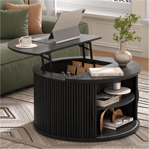 Vista 17 de SULIVES Mesa auxiliar ovalada con almacenamiento, mesa de centro multifuncional con tambor elevable, pequeña mesa central acanalada para sala